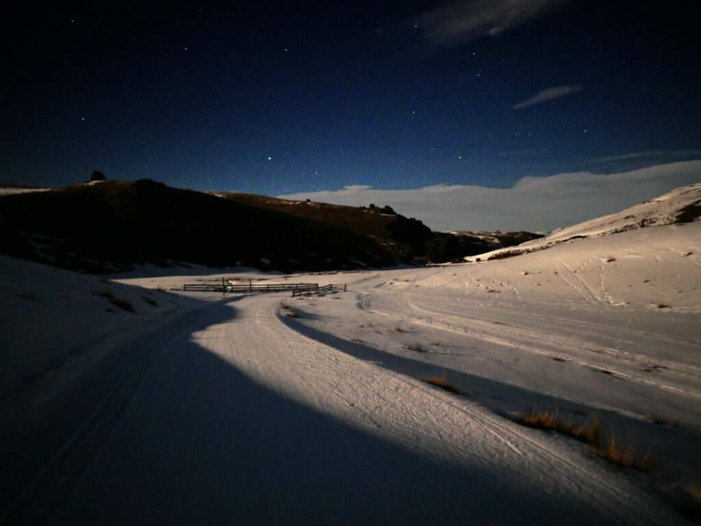 Full moon ski touring at the Snow Farm cross country ski area, Cardrona Valley