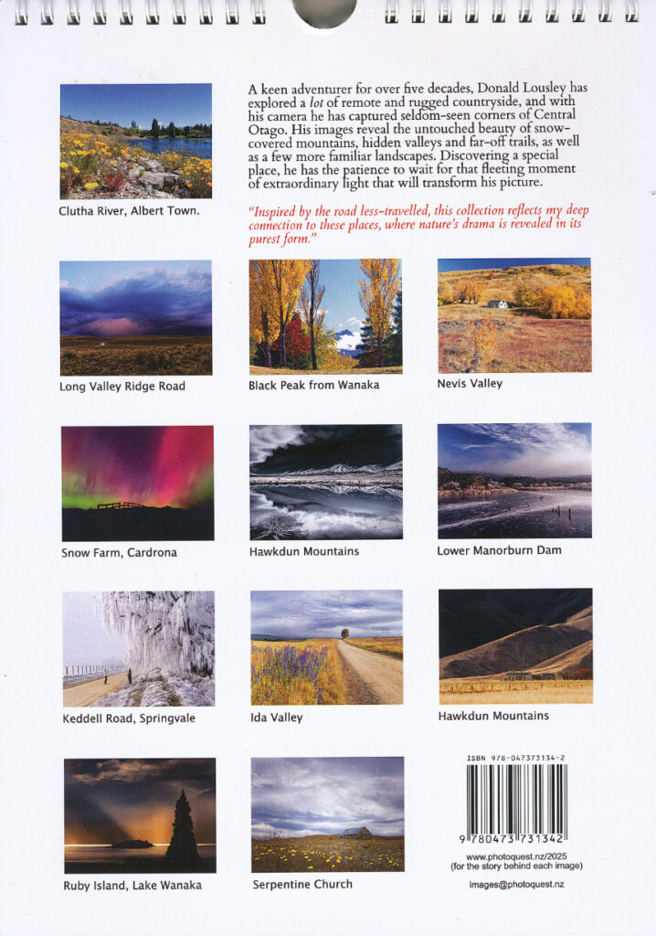 Donald Lousley's Central Otago Calendar 2025. Back cover of thumbnails